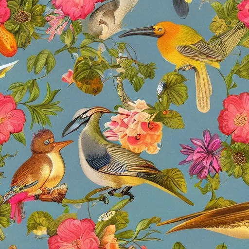 Prompt: vintage illustration pattern, bizarre compositions, blend of flowers, fruits, birds by beto val, john james audubon, exquisite detail