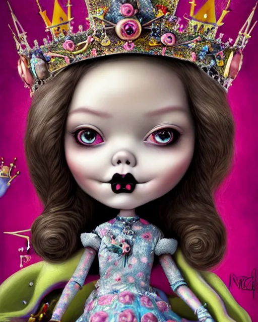 Prompt: closeup profile portrait of a tin toy goth fairytale princess wearing a crown and sitting on a throne, bikini, hyper realistic, artstation, illustration, concept art by nicoletta ceccoli, mark ryden, lostfish, dan decarlo, bob clampett, max fleischer, digital paint, matte paint, vivid colors, bright, cheerful, detailed and intricate environment