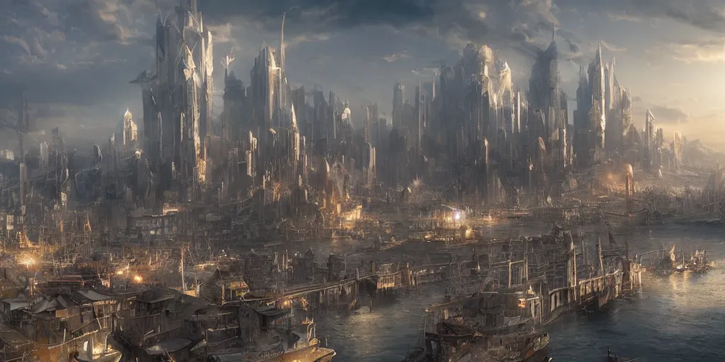 Image similar to beautiful matte painting of a port city by weta workshop 8 k, cinematic dramatic atmosphere, dramatic lighting