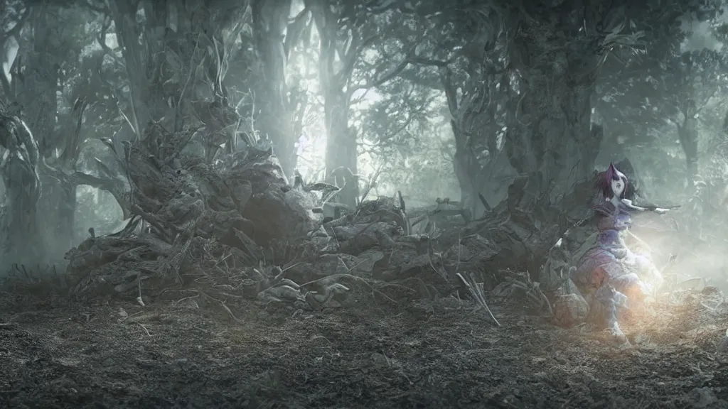 Image similar to Demonic Dirt Elimination Magic, anime by Yoshitaka Amano, everything in focus, rule of thirds, rendered in octane, rendered in Corona, rendered in vray, rendered in Arnold, insanely detailed, photorealistic, cinematic, no grain