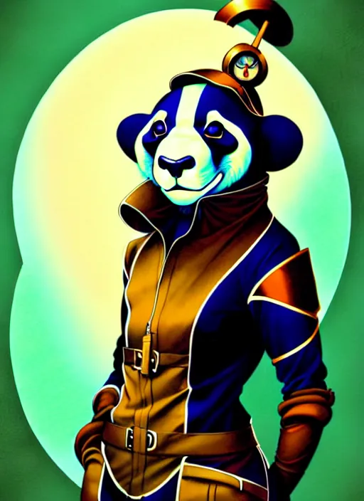 Image similar to don bluth, loish, artgerm, joshua middleton, steampunk, clockpunk anthropomorphic panda, full sailor suit, symmetrical eyes symmetrical face, colorful animation forest background