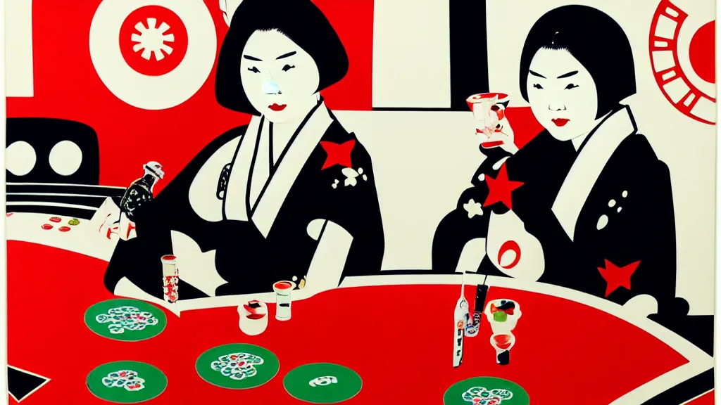 Image similar to woman in a black japanese kimono, sitting at an extremely detailed poker table with the boba fett, sake on the table, fireworks and stars on the background, by andy warhol, by roy liechtestein, canvas, acrylic paint, ivory palette, 4 k, ultra - hd