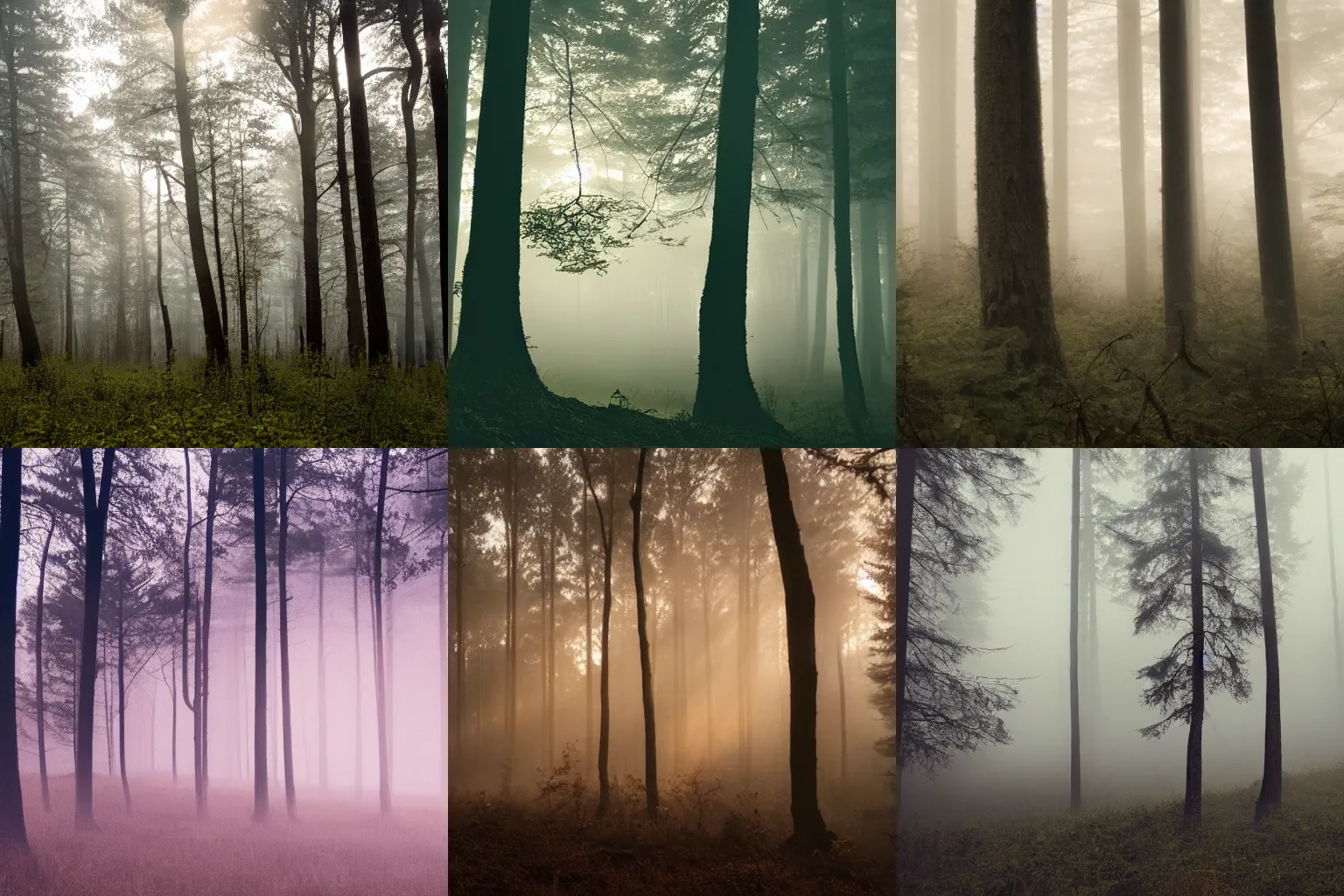 Prompt: cinematic still of an Ancient forest clearing, dusk, light fog
