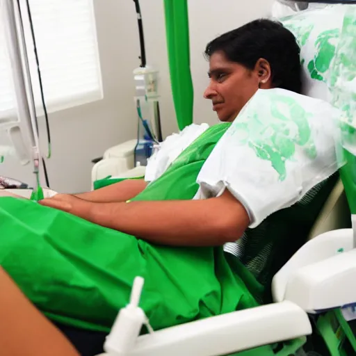 Prompt: a blood donor donating green bloos in the hospital