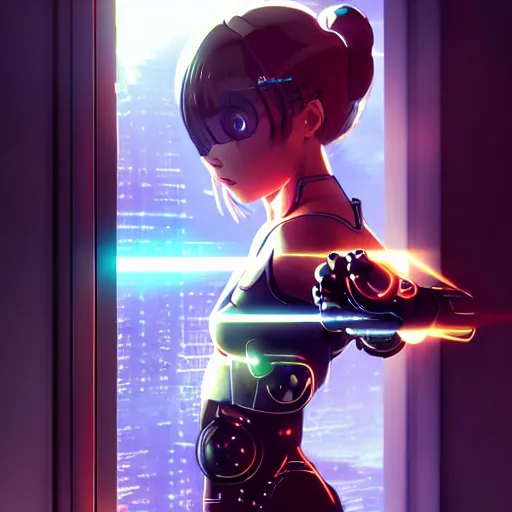 Image similar to beautiful cyborg girl punching a large reflective window, refractions on lens, full round face, biomechanical details, cyberpunk anime art, full body shot, window reflections, lens flare, wlop, ilya kuvshinov, artgerm, krenz cushart, greg rutkowski