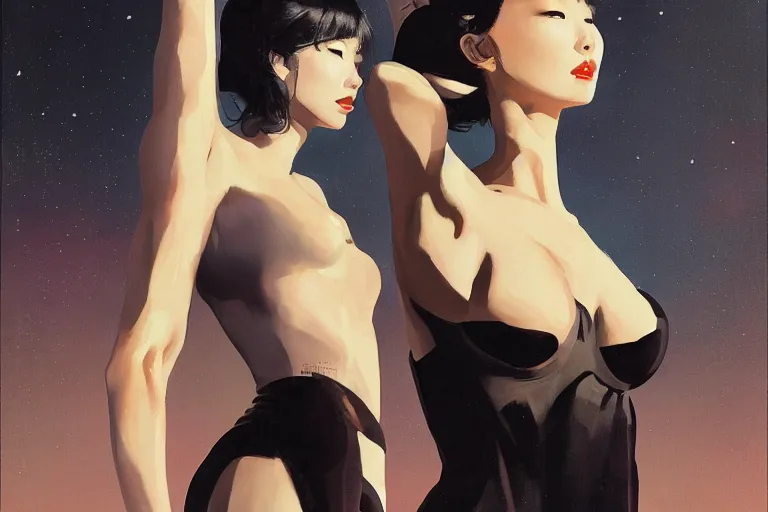 Image similar to Lee Jin-Eun by Vincent Di Fate, rule of thirds, seductive look, beautiful, in intergalactic hq