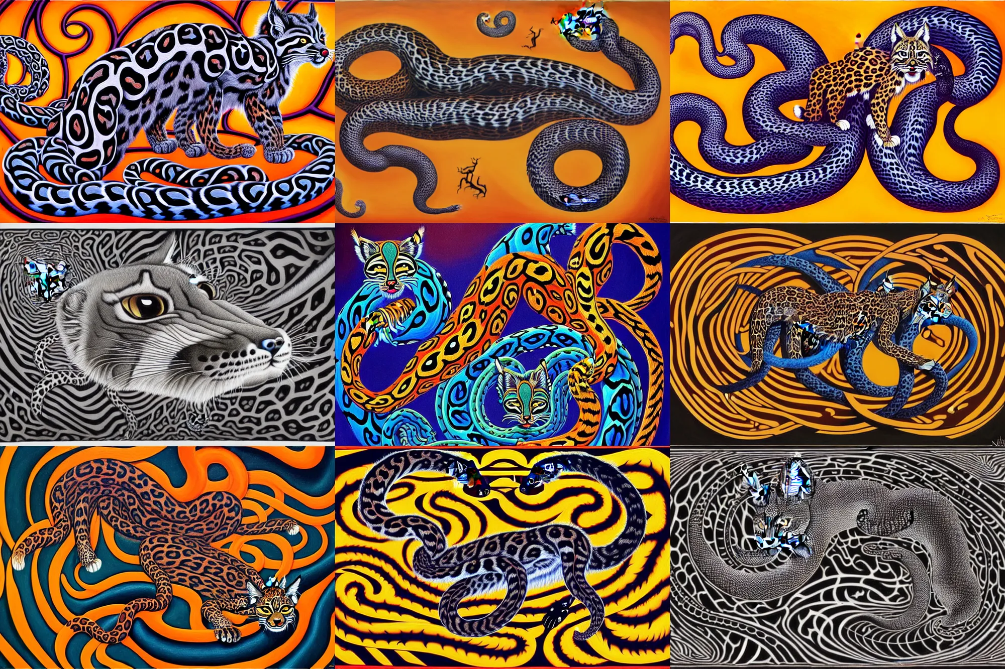 Image similar to a detailed painting of a magick polecat occult effigy beautiful lynx fur that is a crescent shaped leopard atomic latent snakes in between autobiological cybernetic ferret resurgence of snake phonkadelic ferret in the style of escher, alex grey, kubrick inspired by realism, symbolism, magical realism and dark fantasy, clear, crisp,