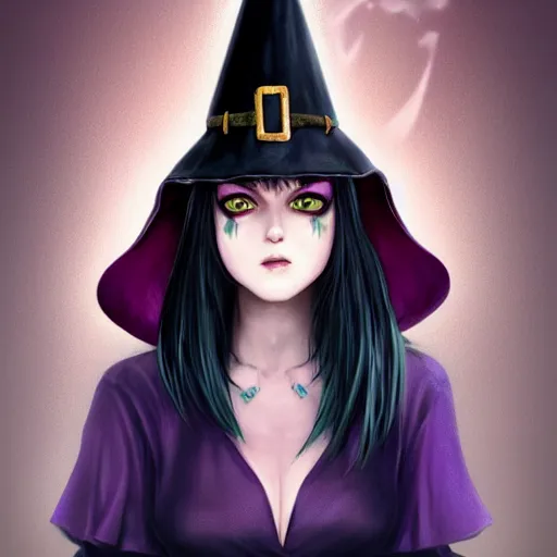 Prompt: card art of a young female occult magician with dark purple hair, pale skin, extra wide witch hat, character design, well-endowed, realistic face, symmetrical face, maniacal smile, digital painting, anime visual style, game art, soft lighting, tonemapping, highly detailed, sharp focus, realism, vibrant colors, ArtStation, trending on ArtStation, DeviantArt, Zeronis