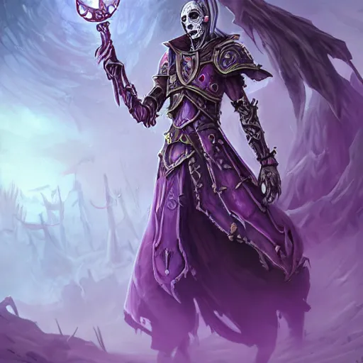 Image similar to a necromancer holding a bone staff, an army of undead rising from the ground in the background, violet theme, hearthstone art style, epic fantasy style art, fantasy epic digital art, epic fantasy card game art