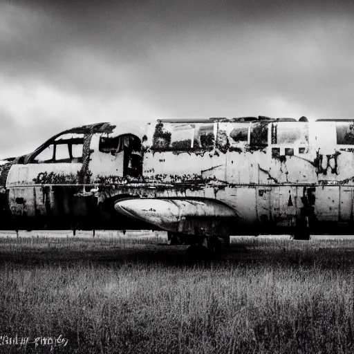 Image similar to black and white press photograph of a rusted abandoned business jet on an abandoned hangar, full view, detailed, natural light, mist, film grain, soft vignette, sigma 5 0 mm f / 1. 4 1 / 1 0 sec shutter, imax 7 0 mm footage