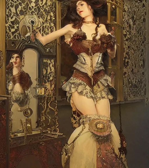 Image similar to woman model, intricate steampunk clothes, in a bedroom!!!!!!!!!!!!!!!!!!!!, modern, elegant, highly detailed, digital painting, artstation, concept art, smooth, sharp focus, illustration, art by krenz cushart and artem demura and alphonse mucha