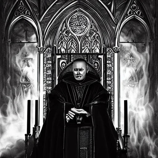 Prompt: an ultra detailed black and white tarot card of the evil patriarch with pitch black eyes wearing his royal robes and sitting imperiously on his throne high in the cathedral, concept art, incense smoke drifting through the air, portrait, artstation, volumetric lighting, exquisite detail, octane render, 8 k postprocessing, art by john collier and albert aublet