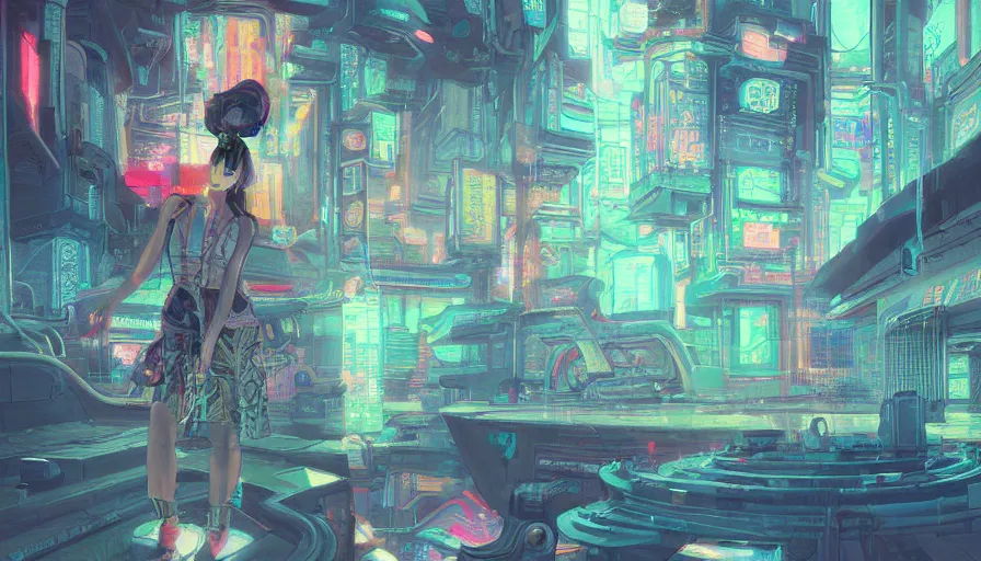 Image similar to a digital painting of a woman exploring a temple, cyberpunk art by james jean, cgsociety, retrofuturism, anime aesthetic, chromatic, iridescent