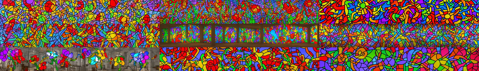 Prompt: raytracing demonstration in unreal engine 5 using RTX, showing light passing through the result from Piet Mondrian took LSD with Keith Haring and Marc Chagali and made these real stained glass flowers, SIGGRAPH, Maxwell render