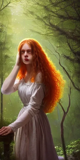 Image similar to amazed and serene young woman, surrounded by firefly lights, full covering intricate detailed dress, amidst nature, long red hair, precise linework, accurate green eyes, small nose with freckles, beautiful smooth oval shape face, empathic, expressive emotions, dramatic lights, hyper realistic ultrafine art by artemisia gentileschi, jessica rossier, boris vallejo