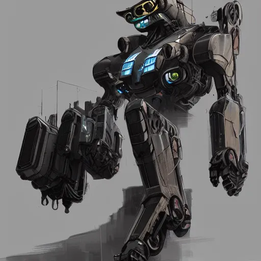 Prompt: a cat mecha the image is futuristic, has cyberpunk style, has cables, wires, it is photorealistic, highly detailed, gritty texture, and trending in Artstation, created by Craig Mullins and Feng Zhu