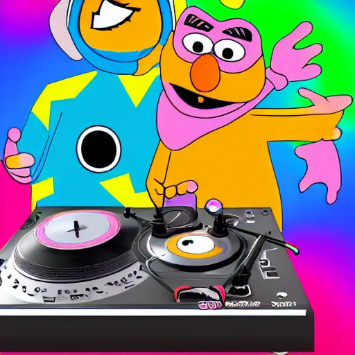 Image similar to svg sticker of a Pop-Wonder Bert&Ernie, Sesame-Street, at a rave, spinning records, giant headphones rocking out, wearing headphones, huge speakers, dancing, rave, DJ, spinning records, digital art, amazing composition, rule-of-thirds, award-winning, trending on artstation, featured on deviantart