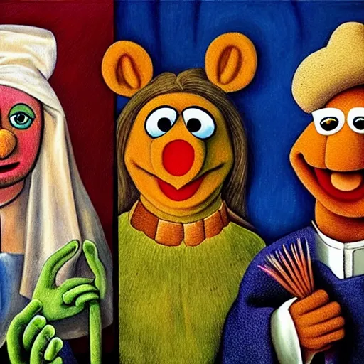 Image similar to realistic painting of muppets at church, in the style of hieronymus bosch and johannes vermeer