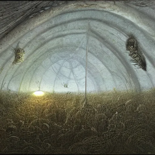 Image similar to hr giger tent in a landscape covered in moths, light beams night, casper david friedrich