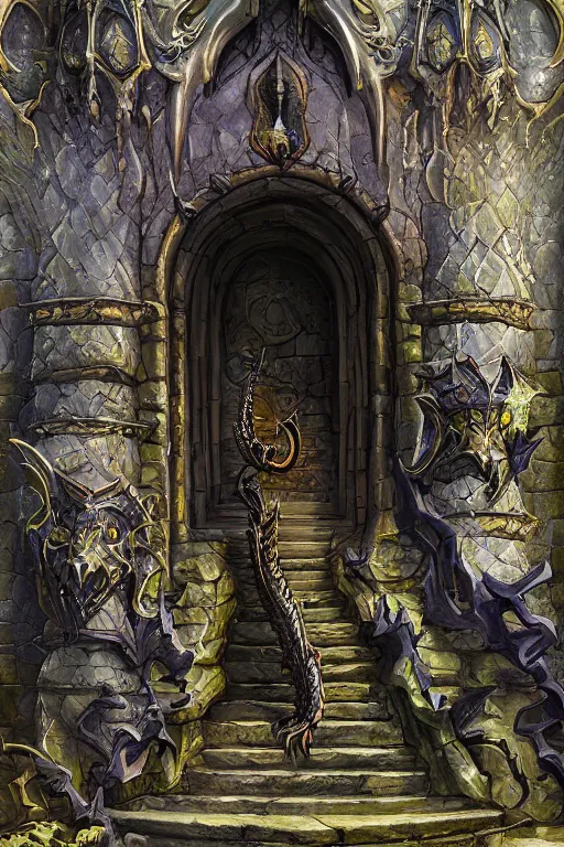 Prompt: matte glossy painting of stone steps fantasy leading do a gothic dragon statue portal, artstation by emilia dziubak, will terry, greg olsen, chris mars, ann long, and mark brooks, gret ritkowski dramatic, architecture, colorful warcraft architecture