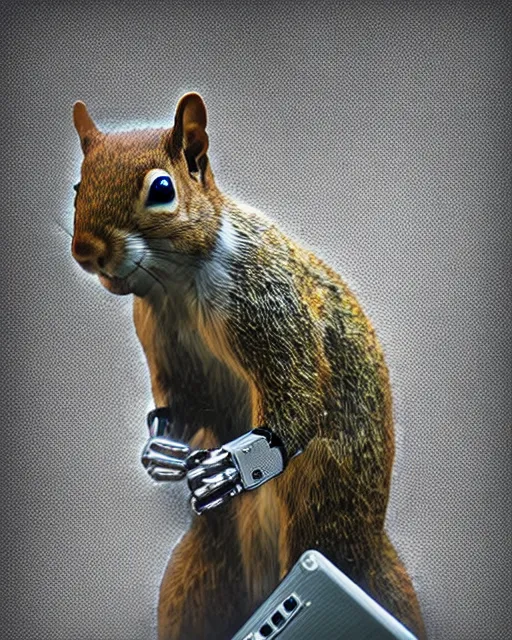 Image similar to a cybertronic squirrel terminator, leds, high detail, sharp, studio, metal, digital art, bionic