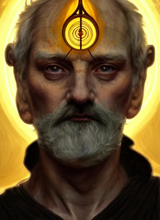 Image similar to the god hephaestus, old man, ash hair, glowing eyes, volumetric lights, yellow and red scheme, art nouveau botanicals, gothic, intricate, highly detailed, digital painting, artstation, concept art, smooth, sharp focus, symmetric face, illustration, steampunk, art by artgerm and greg rutkowski and alphonse mucha