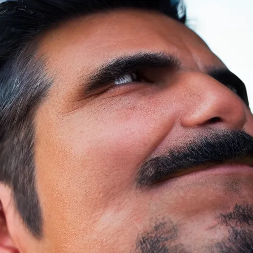 Image similar to close up of face of good looking 4 0 year old peruvian man with clean shaven face, no beard, very short straight black in a short pompadour style, color portrait, 4 k