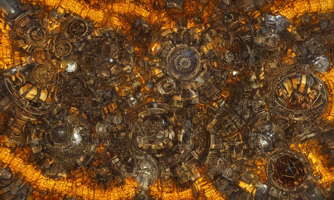 Prompt: steampunk engine laboratory 3 d volume kaleidoscope fractal voronoi metal chakra digital color stylized concept substance natural color scheme, global illumination ray tracing hdr fanart arstation by sung choi and eric pfeiffer and gabriel garza and casper konefal