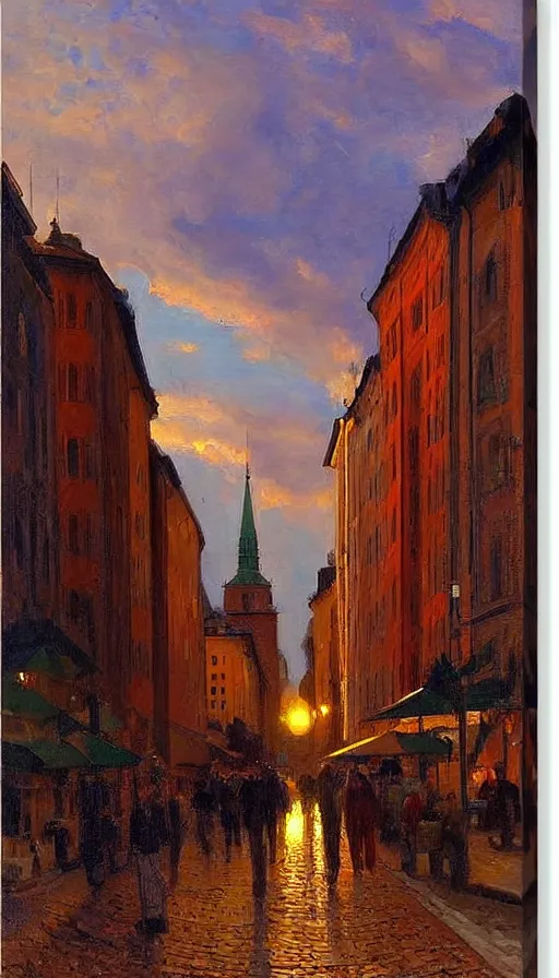 Image similar to still-life painting of Gamla Stan at sunset, by Peder Krøyer, golden hour, dramatic lighting, volumetric lighting, intricately detailed, canvas print