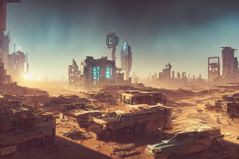 Prompt: a scenic view of an abandoned cyberpunk city in the middle of the desert, morning, ray of sunlight, Greg Rutkowski, beeple, ultra wide angle, light effect
