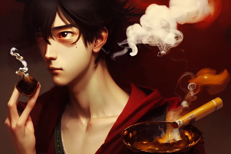 Image similar to mexican smoking weed and drinking coffee baroque oil painting finely detailed perfect face f anime shinkai takeuchi key visual of character concept art pixiv fanbox, painted by greg rutkowski