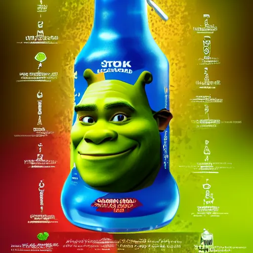 Image similar to an advertisement for a shrek soda, with the theme and taste of shrek , soda bottle with a small illustration based on the shrek pasted on the packaging, award winning, studio light, 4K