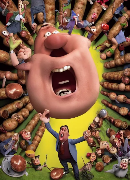 Image similar to hyperrealistic mark ruffalo screaming on a dartboard surrounded by big fat frankfurter sausages with a trippy surrealist mark ruffalo screaming portrait by aardman animation and norman rockwell