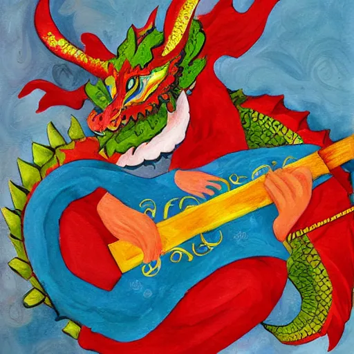 Prompt: russian dragon playing balalika guitar, childrens painting ,