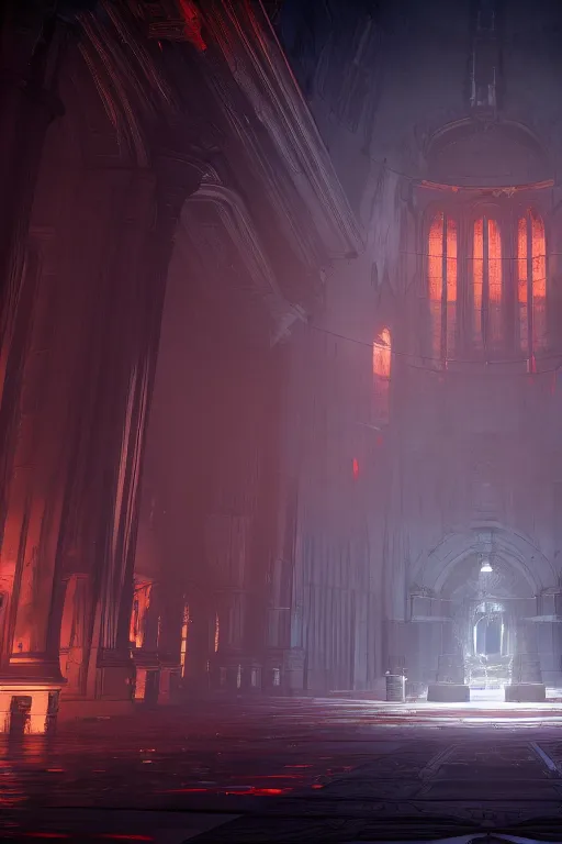 Prompt: symmetrical, centered composition, ancient church with red shafts of light in destiny 2, foggy, liminal, dark, dystopian, beautiful architecture, abandoned, highly detailed 4 k destiny 2 expansion key art wallpaper