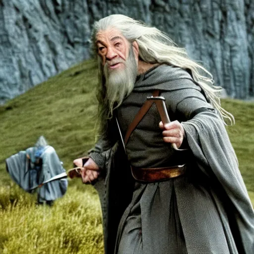 Image similar to a frame from the film the lord of the rings featuring nancy pelosi as gandalf, photorealistic faces, hd