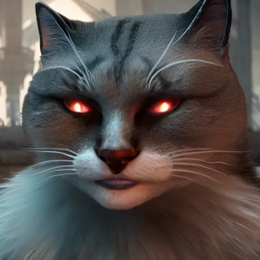 Image similar to cat as a mad max villain, concept art, octane render, unreal engine 5, highly detailed, high quality, 8 k, soft lighting, realistic face, path traced