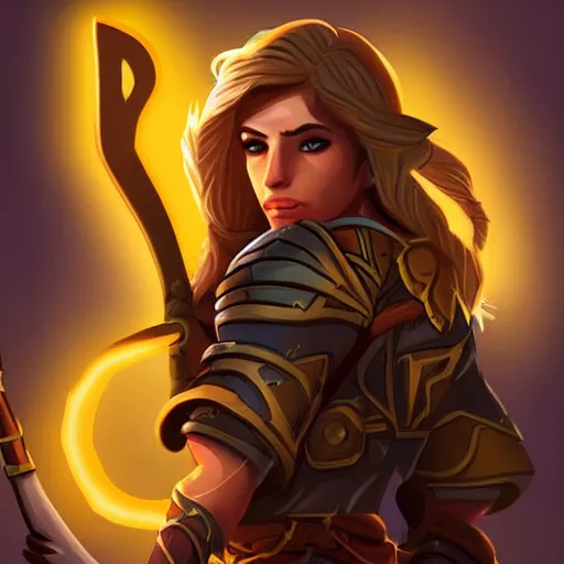 Image similar to beautiful female archer, yellow lighting, emma waston face, in hearthstone art style, epic fantasy style art, fantasy epic digital art, epic fantasy card game art