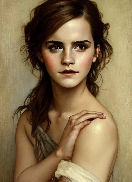Image similar to oil painting of emma watson giving biting her lip seductive look. beautiful detailed face. by artgerm and greg rutkowski and alphonse mucha