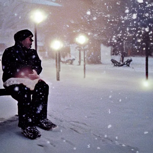 Prompt: close up front side view, man sitting on park bench on christmas eve smoking cigarette snowing snowy. cigarette glowing embers smoke volumetric c4d. harsh lighting, live action photo 1993 film. bokeh Christmas lights in the background