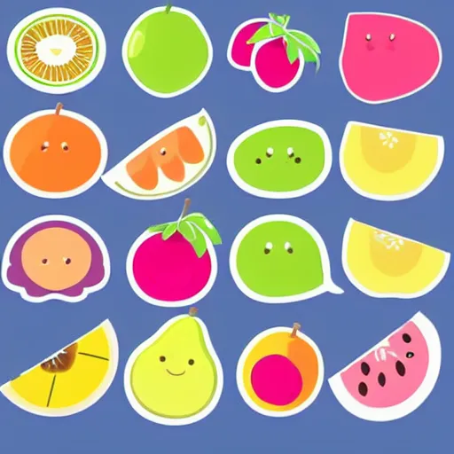 Image similar to a set of kawaii fruits isolated on white background, stylized, cartoon, cute, vector graphics, trending on pinterest, featured on artsation, high quality,