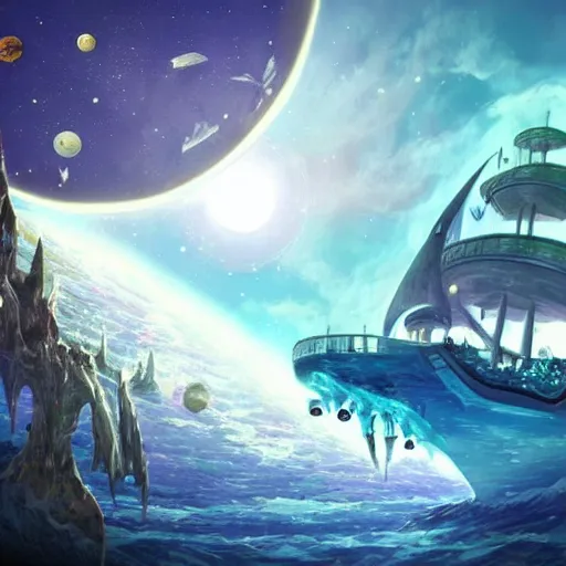 Image similar to fantasy world on top of a ship sailing in space