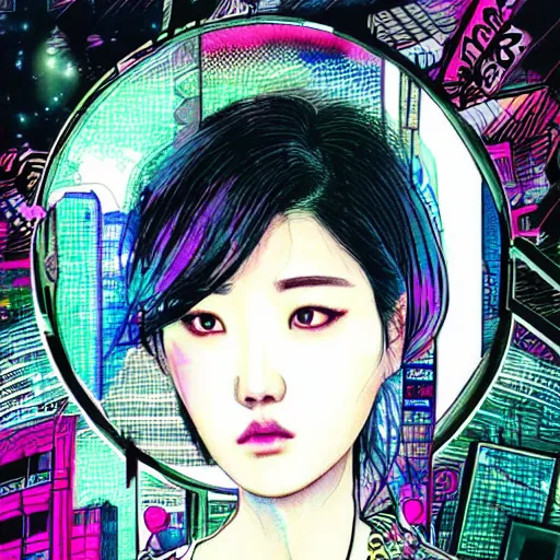 Image similar to korean women's fashion witch, intricate watercolor cyberpunk vaporwave portrait by tim doyle