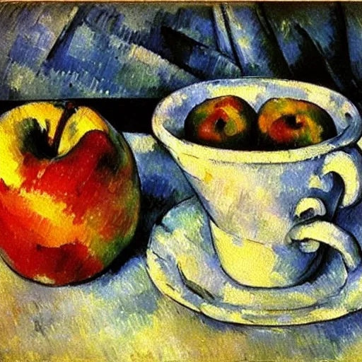 Image similar to Still life oil painting of an apple and a mug of coffee on a school desk, Paul Cezanne, 1895, award-winning, realistic, oil painting, dynamic lighting