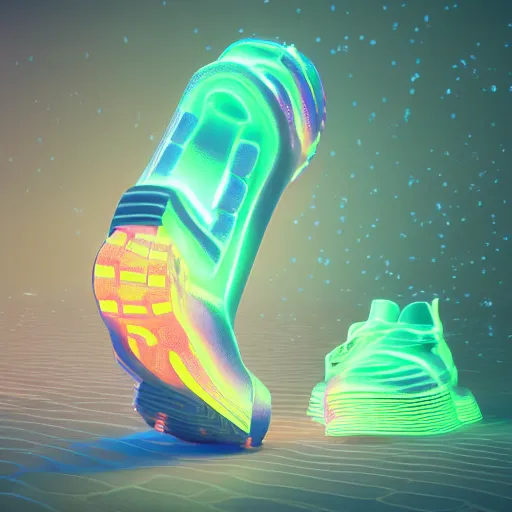 Image similar to high quality Octane 3D render of bioluminescent sneakers floating in space, emissive, bloom, volumetric, ray-tracing, bjork