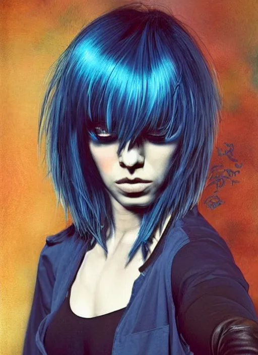 Prompt: medium shot, low angle, grunge style, nice pale girl with midnight blue hair, messy dyed in midnight blue bob cut hairstyle, amber oval eyes, grunge clothes, jeans, high boots, dynamic pose, digital art, highly detailed, sharp focus, digital painting, artwork by Rutkowsky, by Victor Adame Minguez by Yuumei by Tom Lovell by Sandro Botticelli