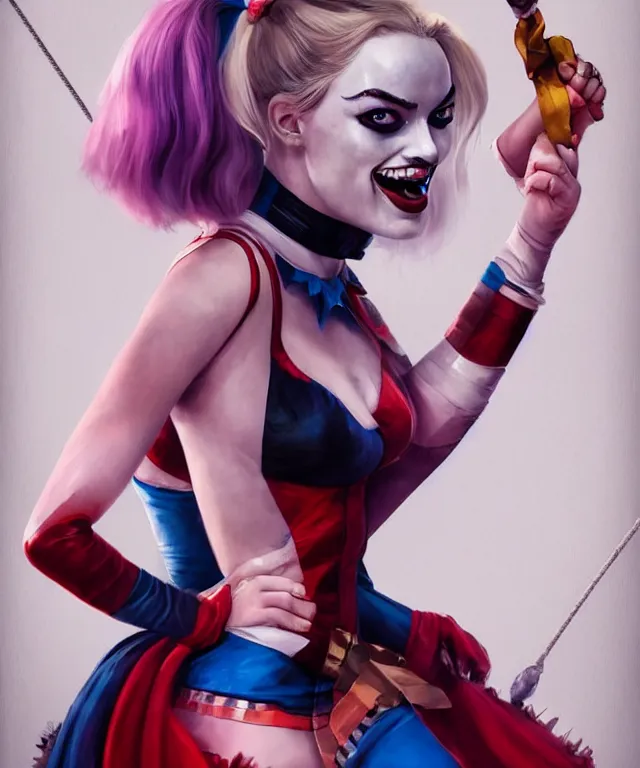 Prompt: margot robbie as harley quinn at the circus by charlie bowater and artgerm, full body portrait, intricate, face, carnival, elegant, beautiful, highly detailed, dramatic lighting, sharp focus, trending on artstation, artstationhd, artstationhq, unreal engine, 4 k, 8 k