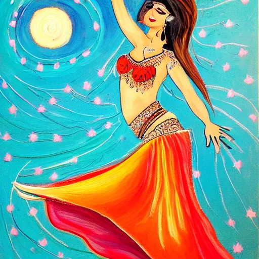 Image similar to painting of a belly dancer looking at a starry sky, stylized, highly detailed, soft light