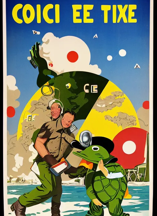 Image similar to cold war civil defense poster teaching survival secrets for atomic attacks, duck and cover with bert the turtle,