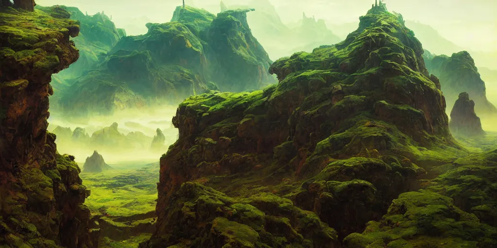 Image similar to sky is land green landscape villages castles buildings inverted upsidedown mountain range from the sky fantasy surreal good composition artstation illustration sharp focus sunlit vista painted by ruan jia raymond swanland lawrence alma tadema zdzislaw beksinski norman rockwell tom lovell alex malveda greg staples